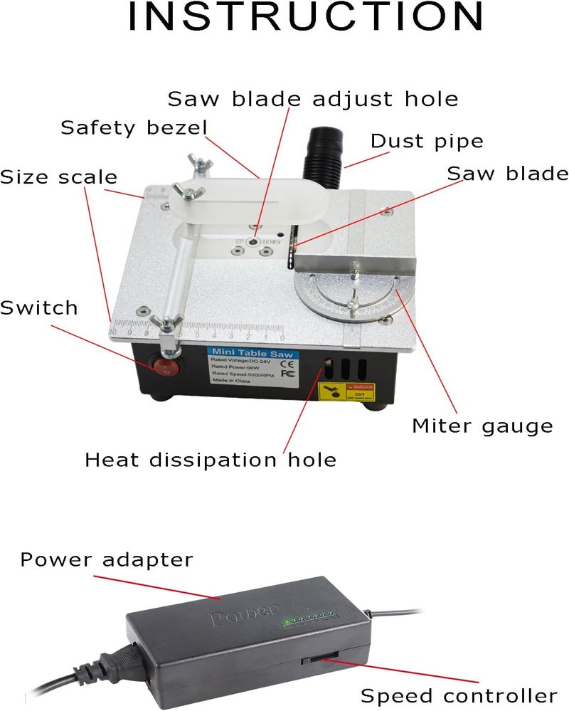 RTOVZON Mini Table Saw, 96W Mini Desktop Electric Saw Cutter 7.1"x5.5", Cut Thickness Adjustable Precision Craft Table Saw with Speed & Angle Adjust 4* Blades, Available for Wood/PCB/Acrylic/Plastic - Image 3